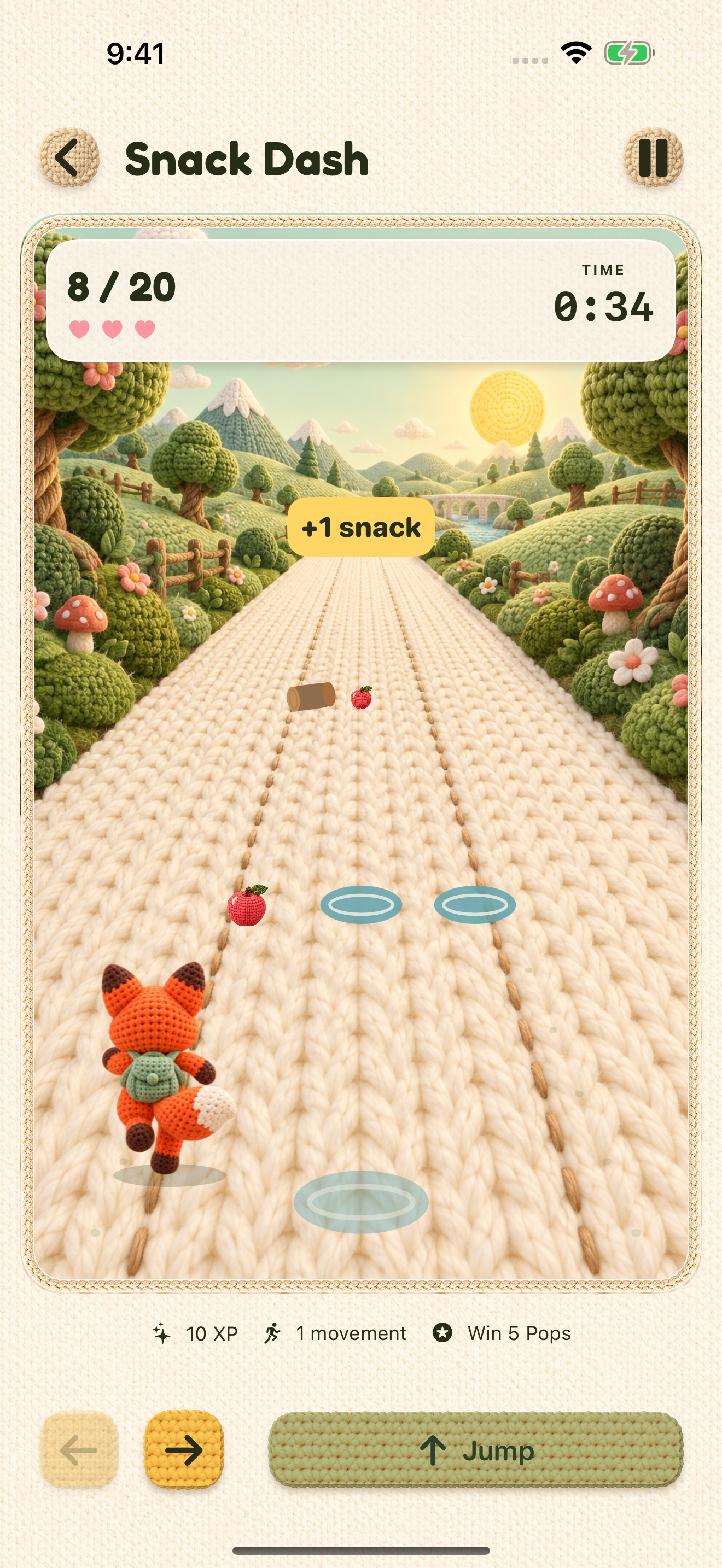 Snack Dash running in PictoPop’s native Yarnwood theme