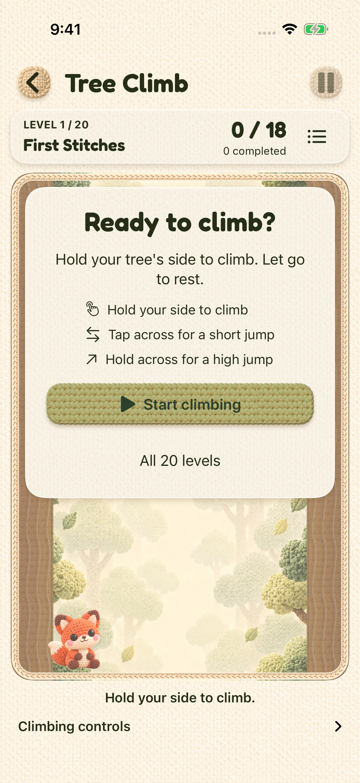 Tree Climb running in PictoPop’s native Yarnwood theme